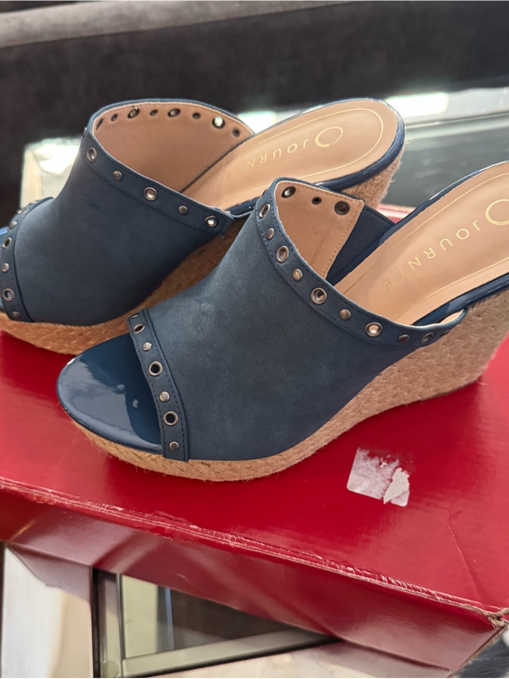 Journee Collection Navy Suede Studded Open-Toe Mule Heels - Picture 2 of 5